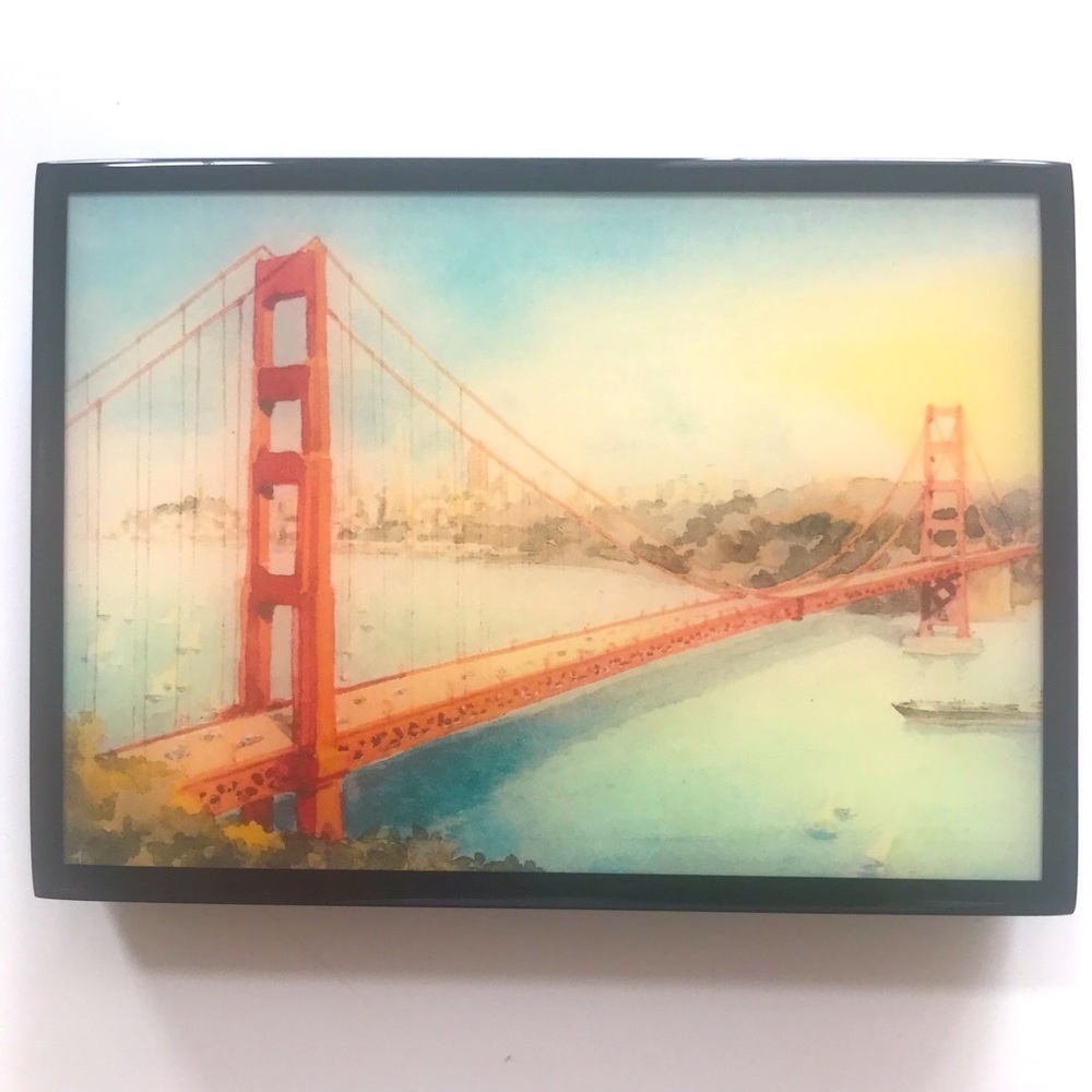 Golden Gate Bridge Watercolor Scene Jewelry Storage Box Black Lacquer Gloss NWT - Picture 2 of 12